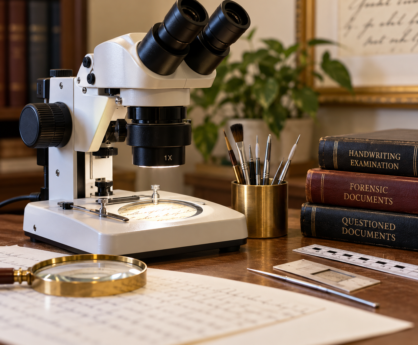 Microscope and tools used for forensic handwriting examination